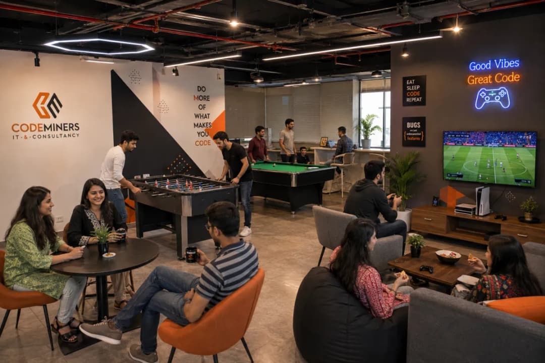 CodeMiners recreation room with pool table, foosball, PlayStation gaming setup and team members relaxing — 'Good Vibes Great Code' neon sign visible