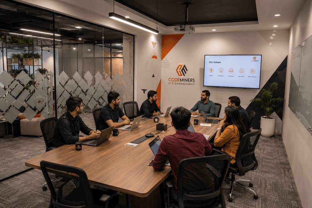 CodeMiners team strategy session in glass-walled conference room — software development company team presenting core values on large display screen