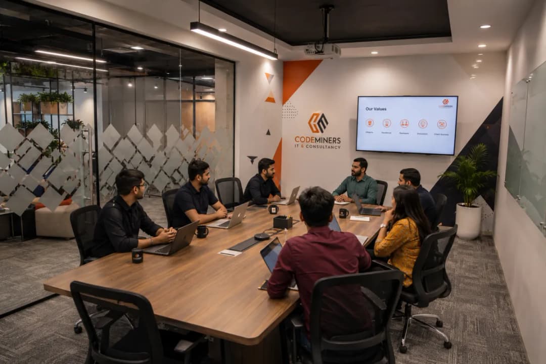 CodeMiners engineering team in conference room presenting 'Our Values' on screen — collaborative strategy session at software development company