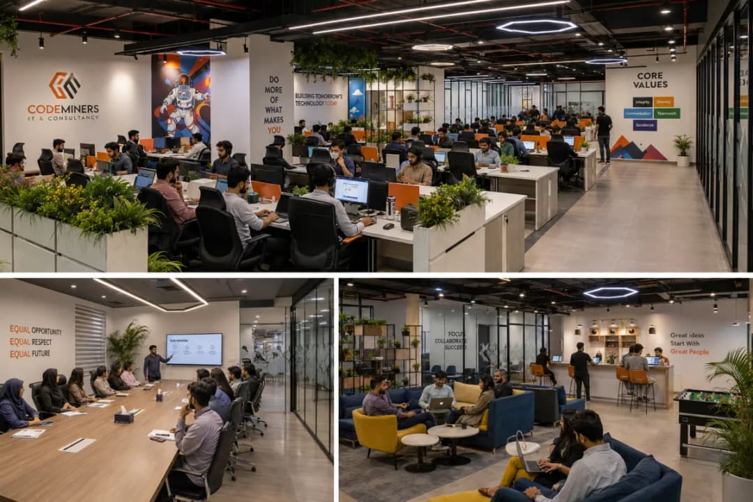 Three-panel collage of CodeMiners IT office: open-plan engineering floor, informal team presentation, and lounge collaboration area with 'Equal Opportunity Equal Respect Equal Future' written on wall