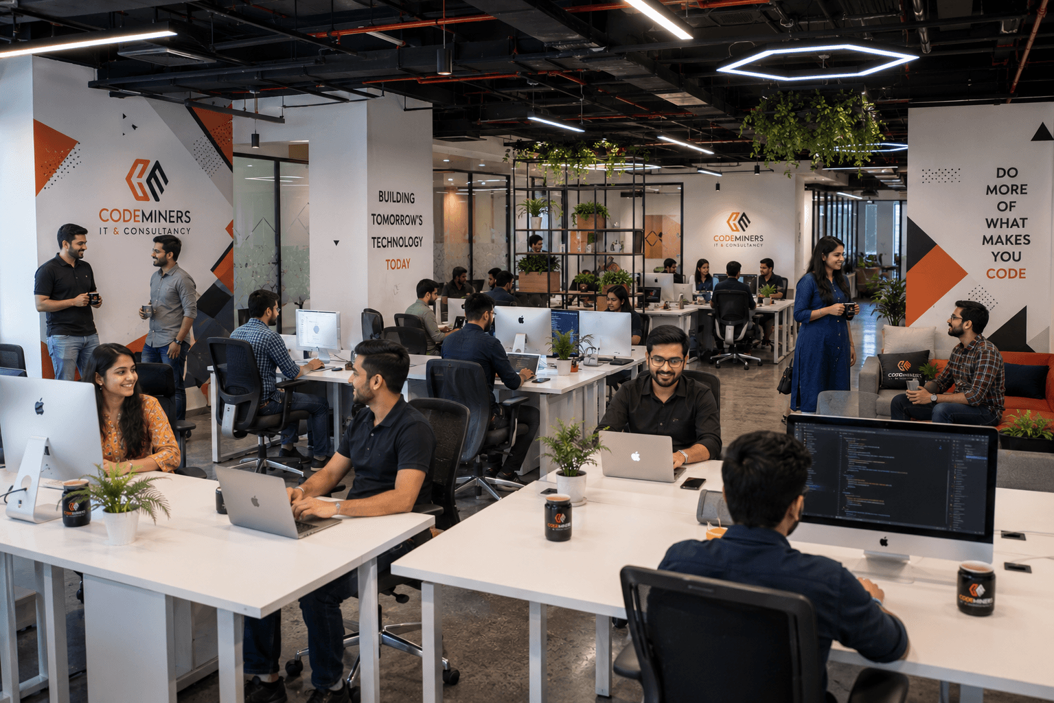 CodeMiners open-plan engineering floor with 150+ engineers at work — modern IT company office in Lahore Pakistan with branded wall murals and abundant greenery