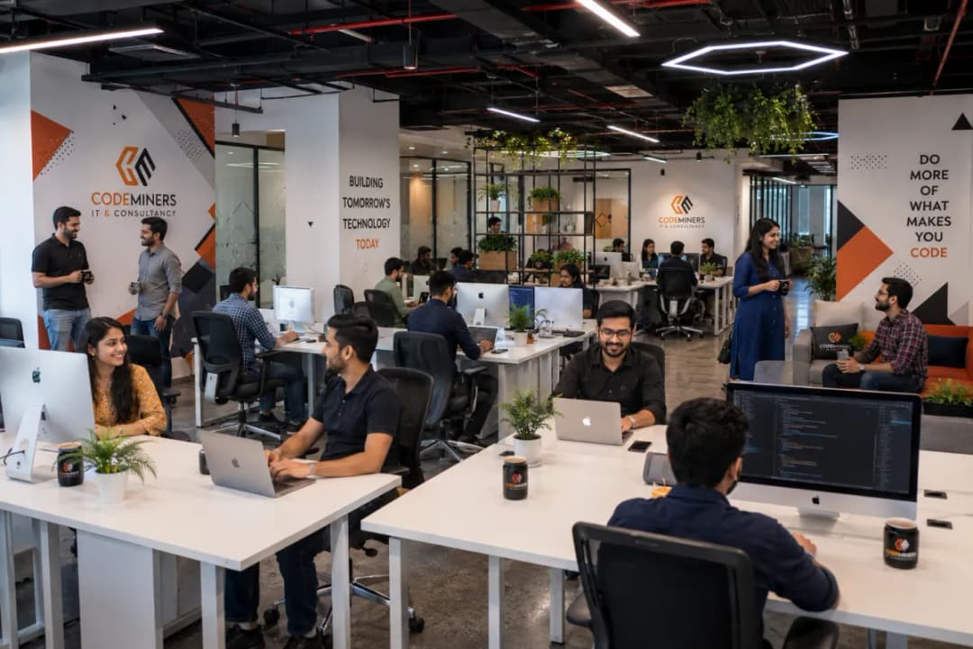 CodeMiners software engineers working at open-plan desks in modern IT consultancy office, multiple monitors and laptops visible with CodeMiners branding on walls