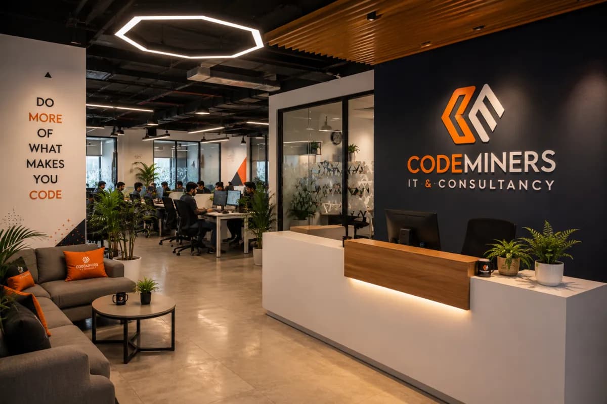 CodeMiners headquarters reception area in Lahore, Pakistan — modern software development company office